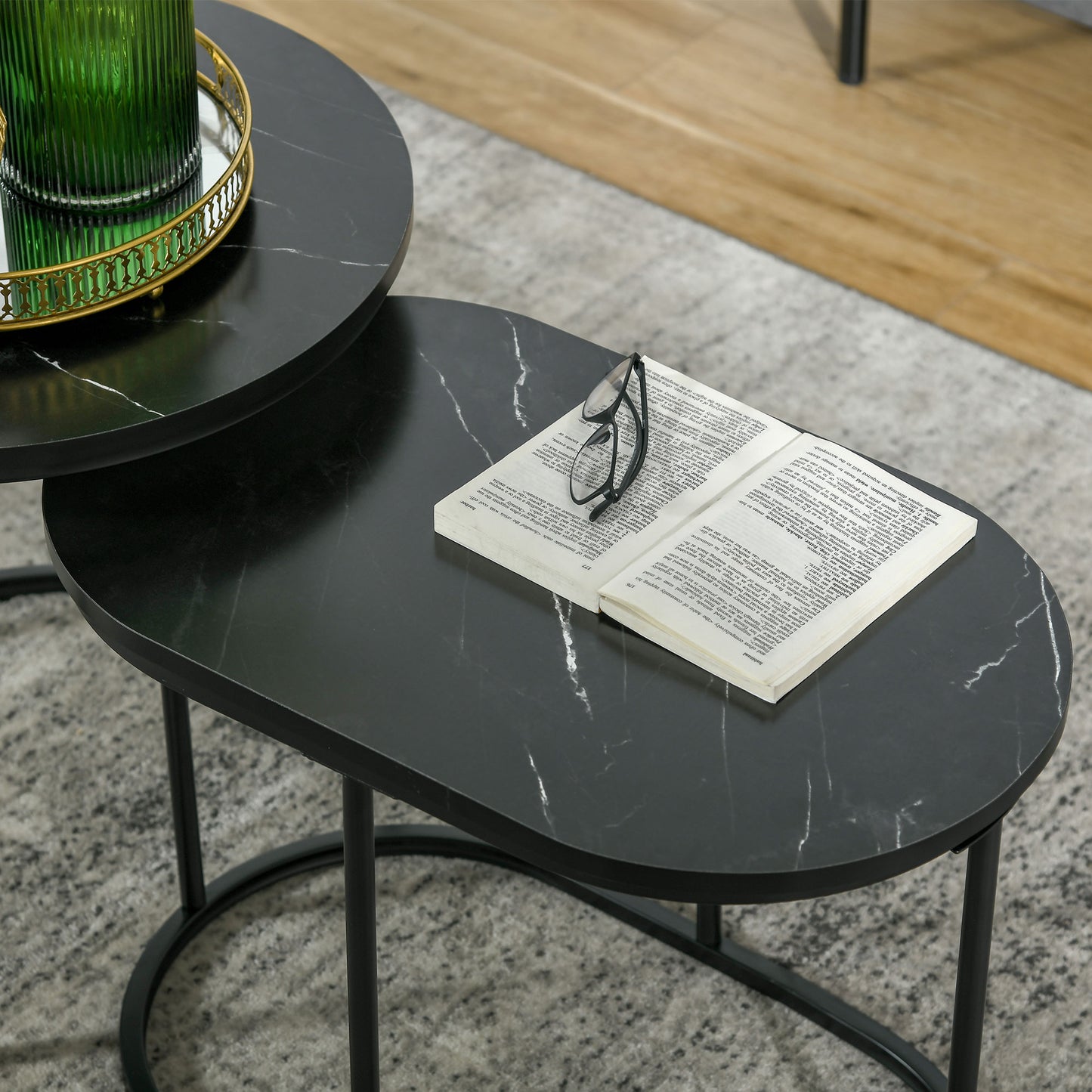 Coyo Metal And Wood Black And White Marble Effect Nest Of Tables