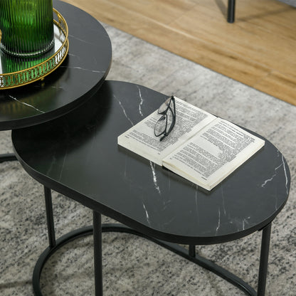 Coyo Metal And Wood Black And White Marble Effect Nest Of Tables