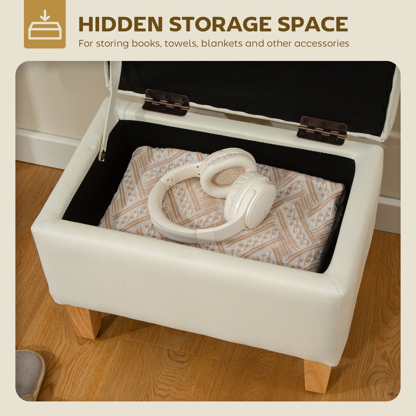 Pase Linen Beige Compact Storage Footstool Natural Wooden Legs