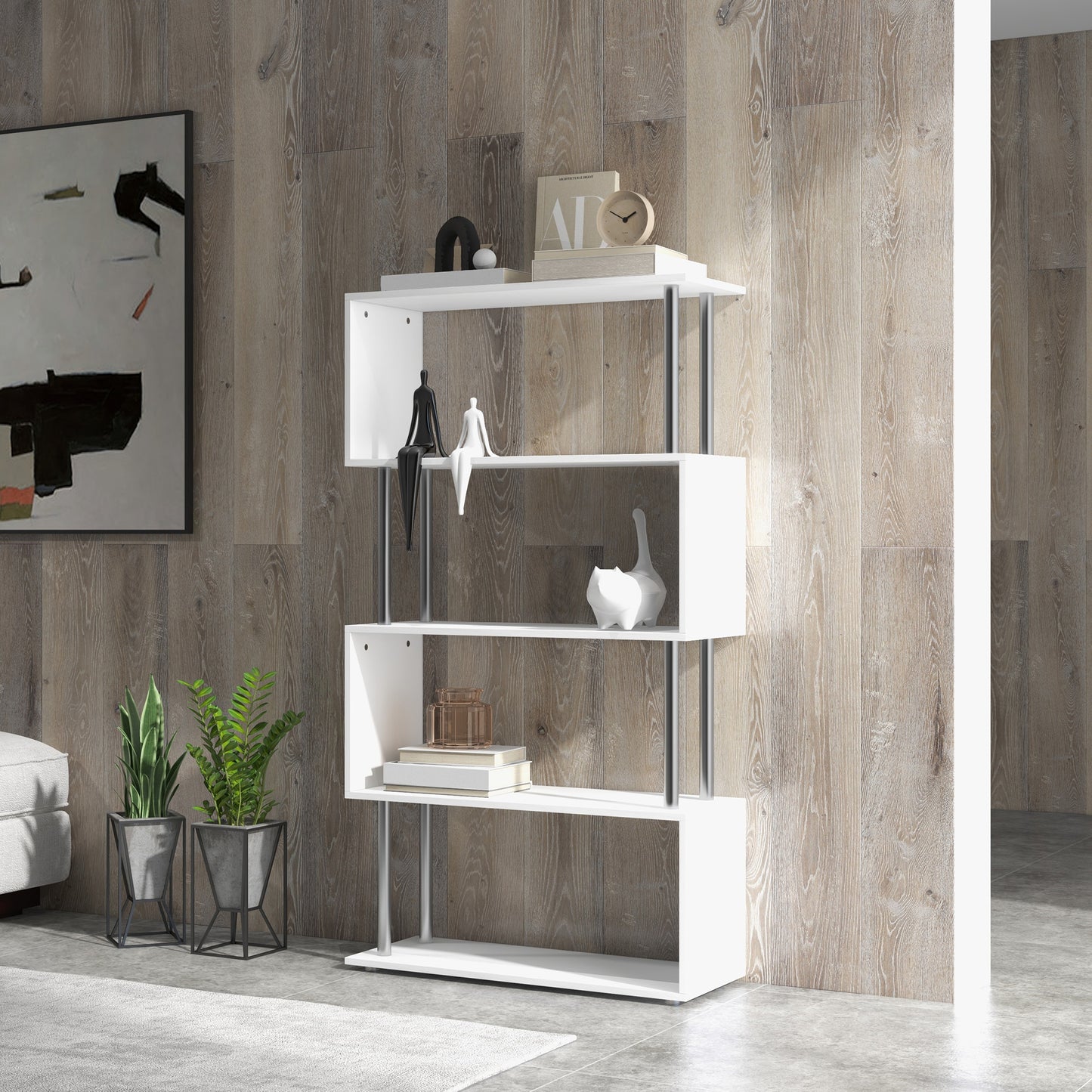 Fini Wood White 5 Tier S ShaFauxd Freestanding Bookcase 80 x 30 x 145 cm