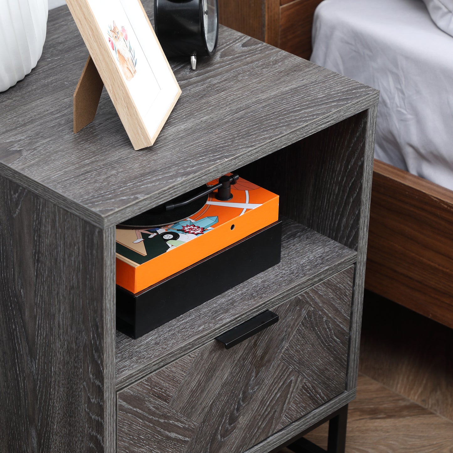 Halapa Set Of 2 Dark Grey Wood Bedside Tables With Drawer And Top Shelf