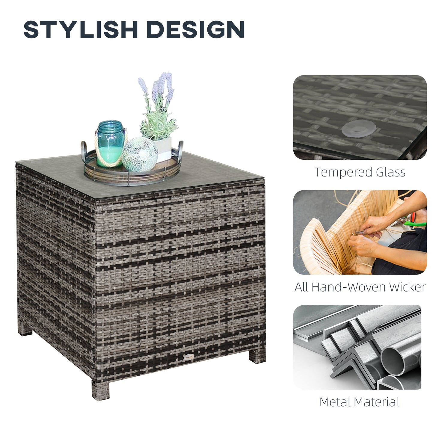 Mael Nimo Faux Rattan Grey Square Outdoor Garden Table With Glass Top