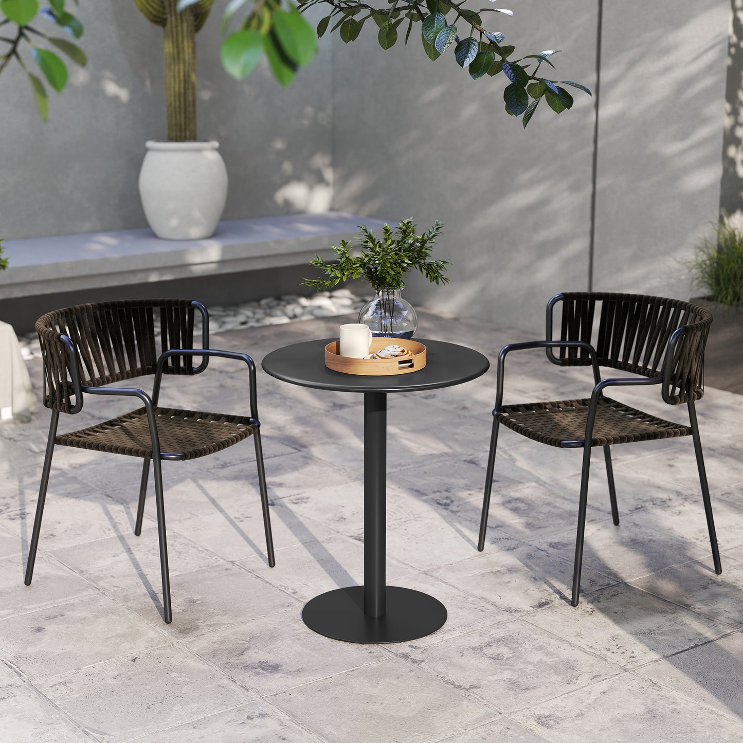 Lestaguette Metal And Wood Black Round Dining Table With Steel Base 60 x 60cm