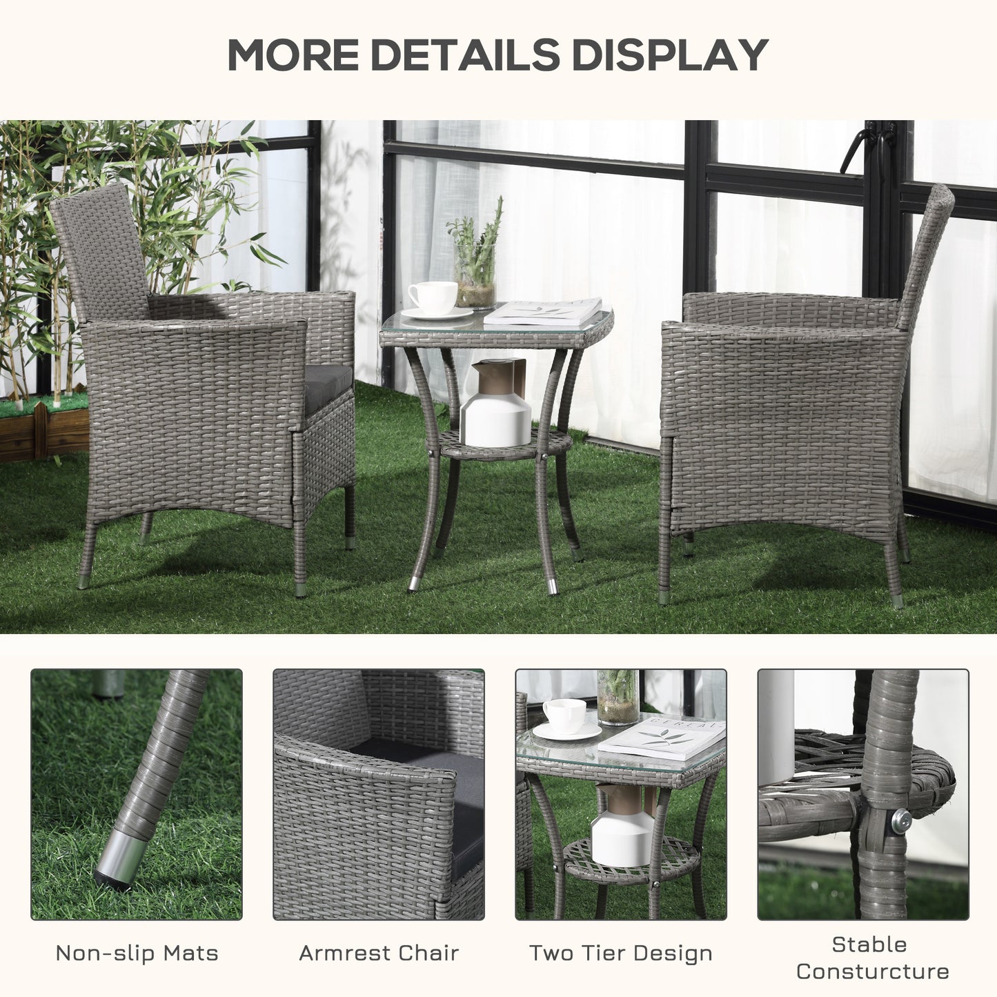 Ranoyo Ziba Grey Rattan 3 Piece Garden Bistro Set With 2 Tier Coffee Table