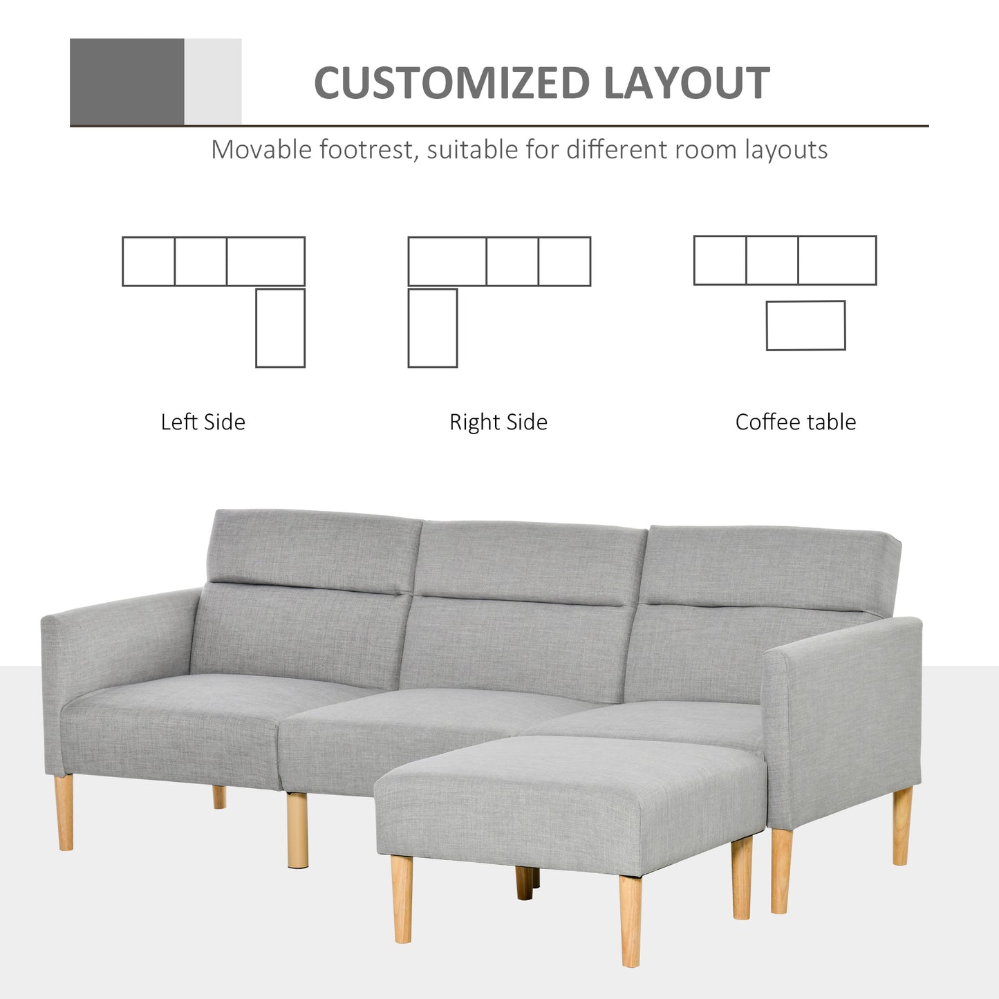 Nosove Diri Linen Light Grey Corner Sofa Bed Set With Footstool And Rubberwood Legs