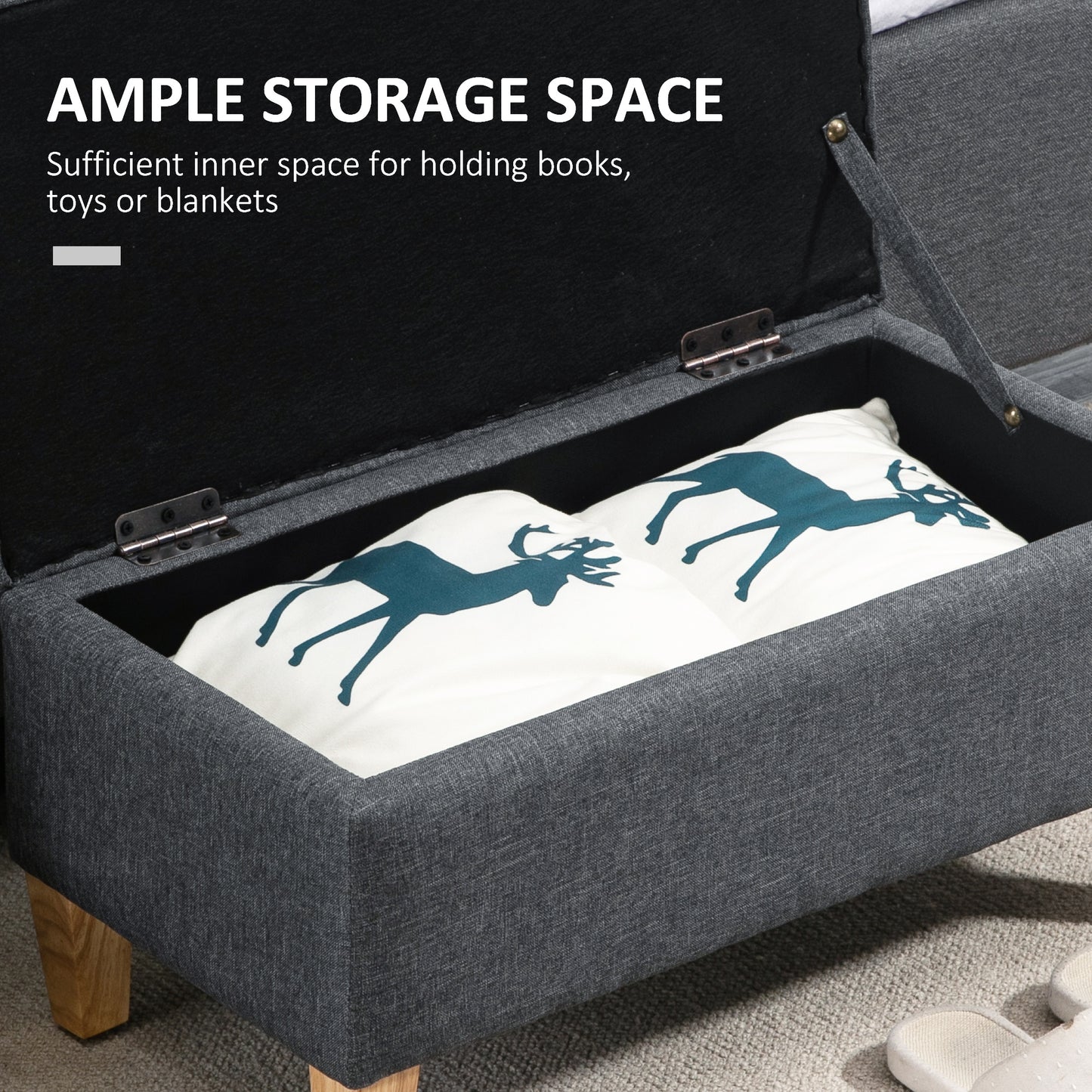 Cose Linen Dark Grey Storage Ottoman With Padded Seat Natural Wooden Legs