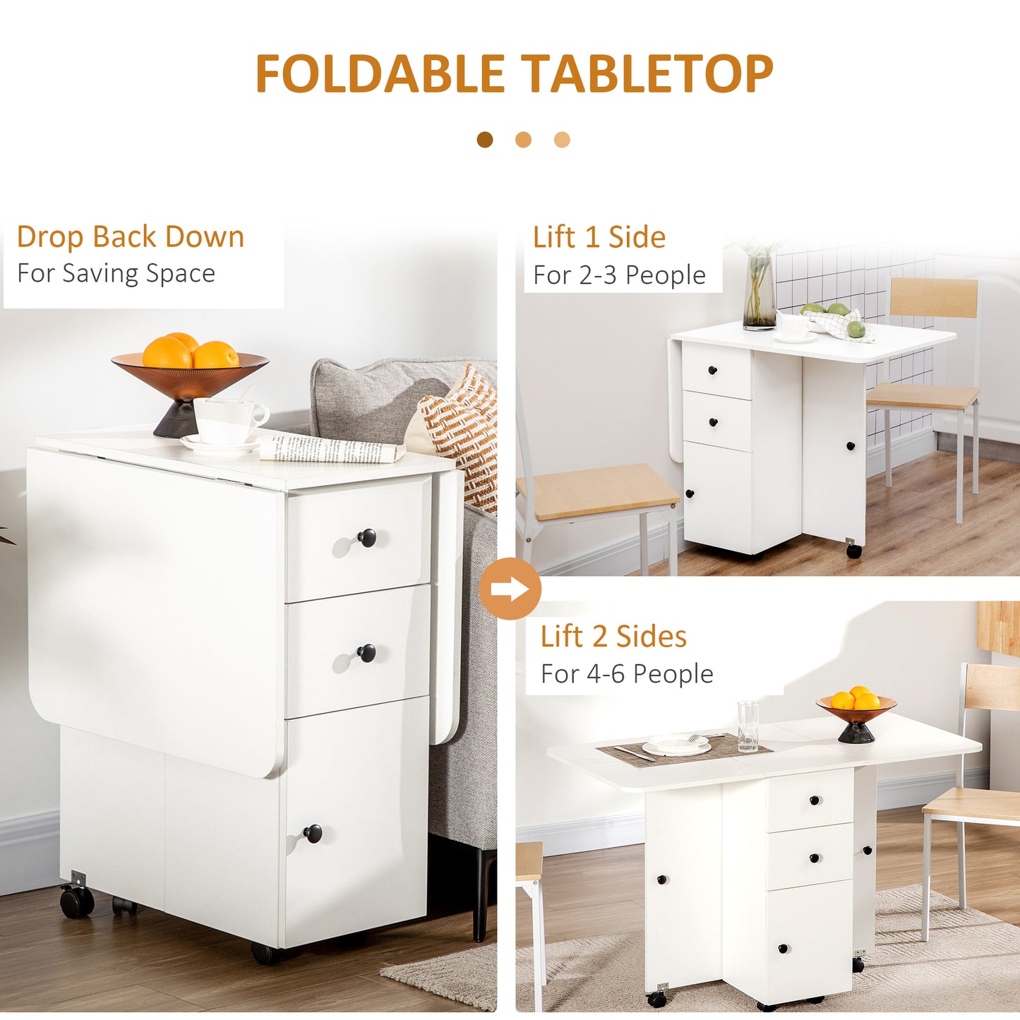 Zibsa Wooden White Drop Leaf Dining Table With Storage For 6