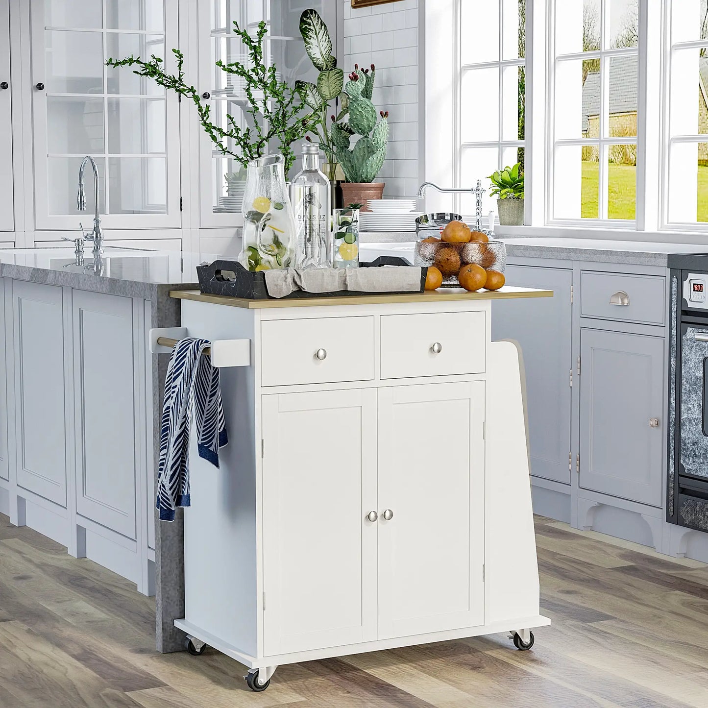Rubberwood Top Kitchen Island On Wheels With Cabinets Drawers Spice Rack And Shelves