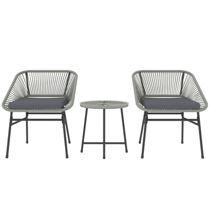 Sorino Rattan Rope Light Grey 3 Piece Outdoor Garden Bistro Furniture Set Glass Coffee Table