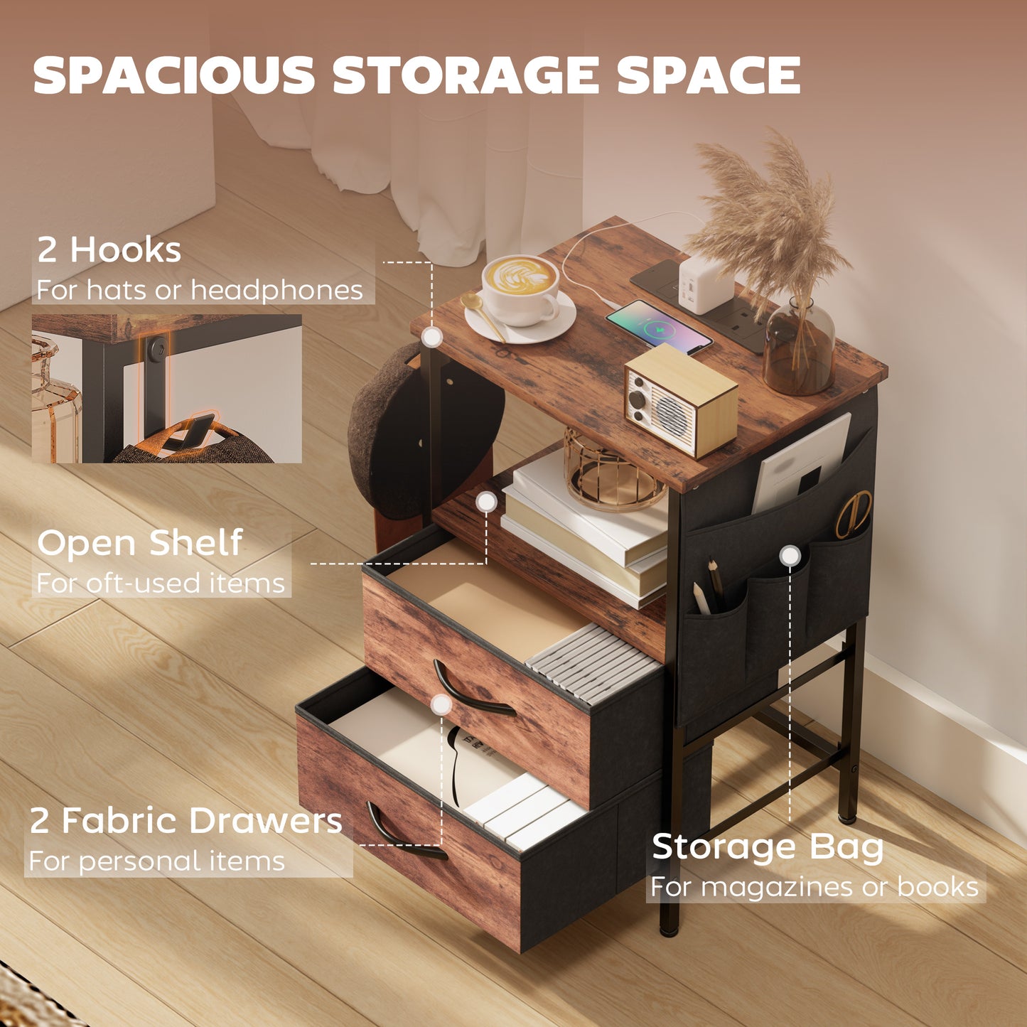 Yoroma Rustic Brown Bedside Table With Built In Charging Ports 2 Drawers
