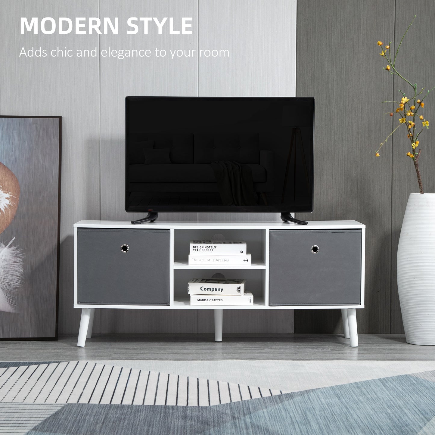 Nirona 110cm Wooden White TV Storage Cabinet With Grey Fabric Fold Down Drawers For Screens Up To 50 Inches