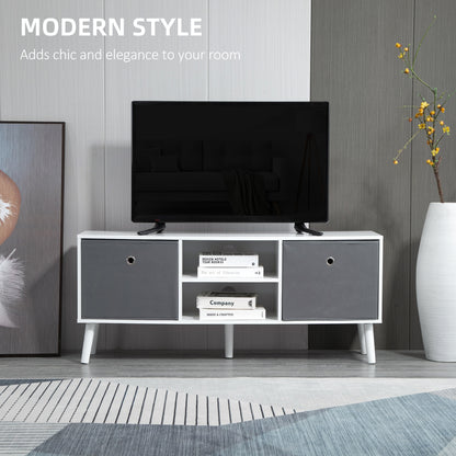 Nirona 110cm Wooden White TV Storage Cabinet With Grey Fabric Fold Down Drawers For Screens Up To 50 Inches