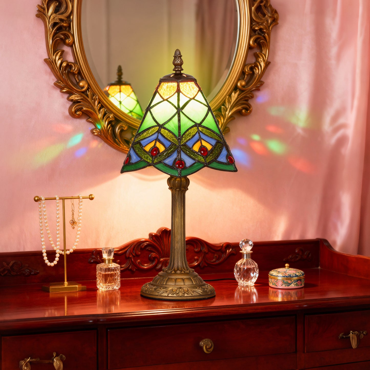 Mamavi Glass And Metal Green Tiffany Style Table Lamp With Geometric Stained Design