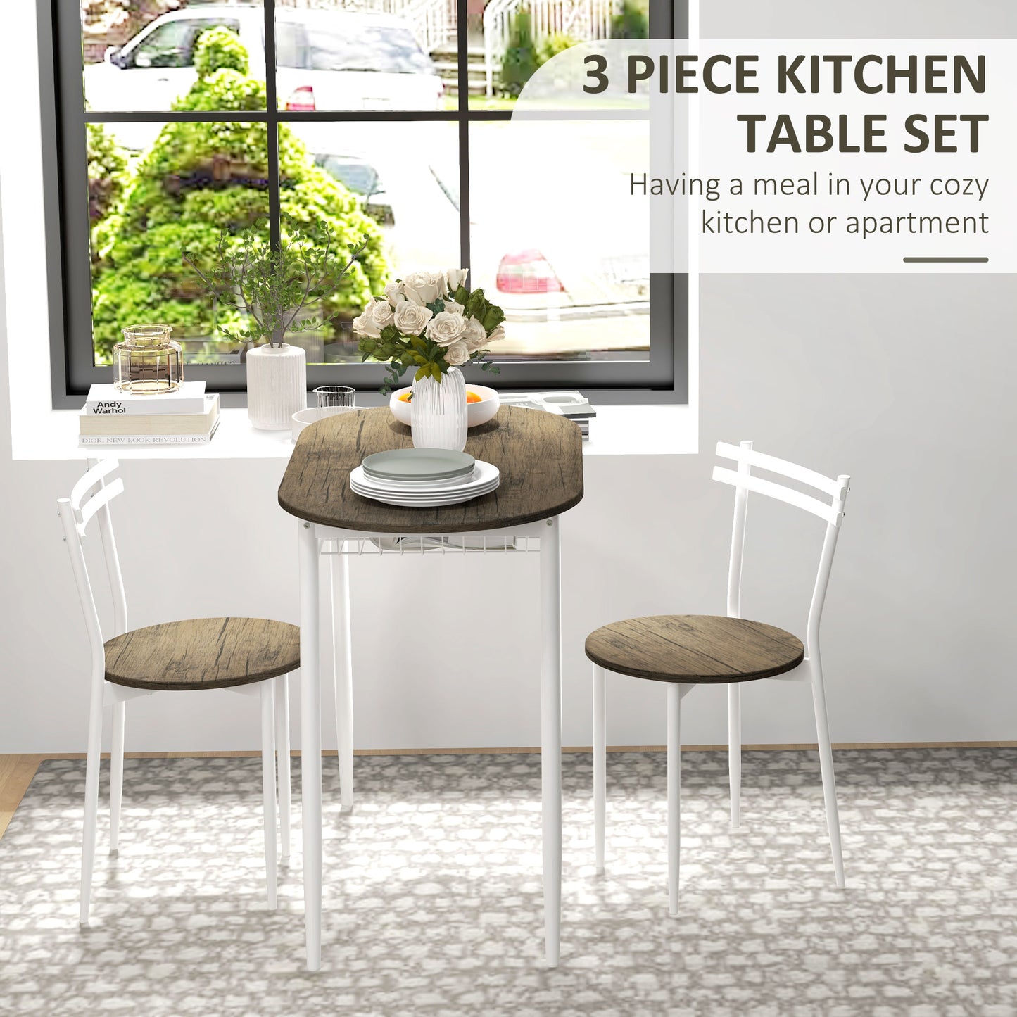 Naseva Metal And Wood Natural Oval Dining Table Set With 2 Chairs And Wire Storage