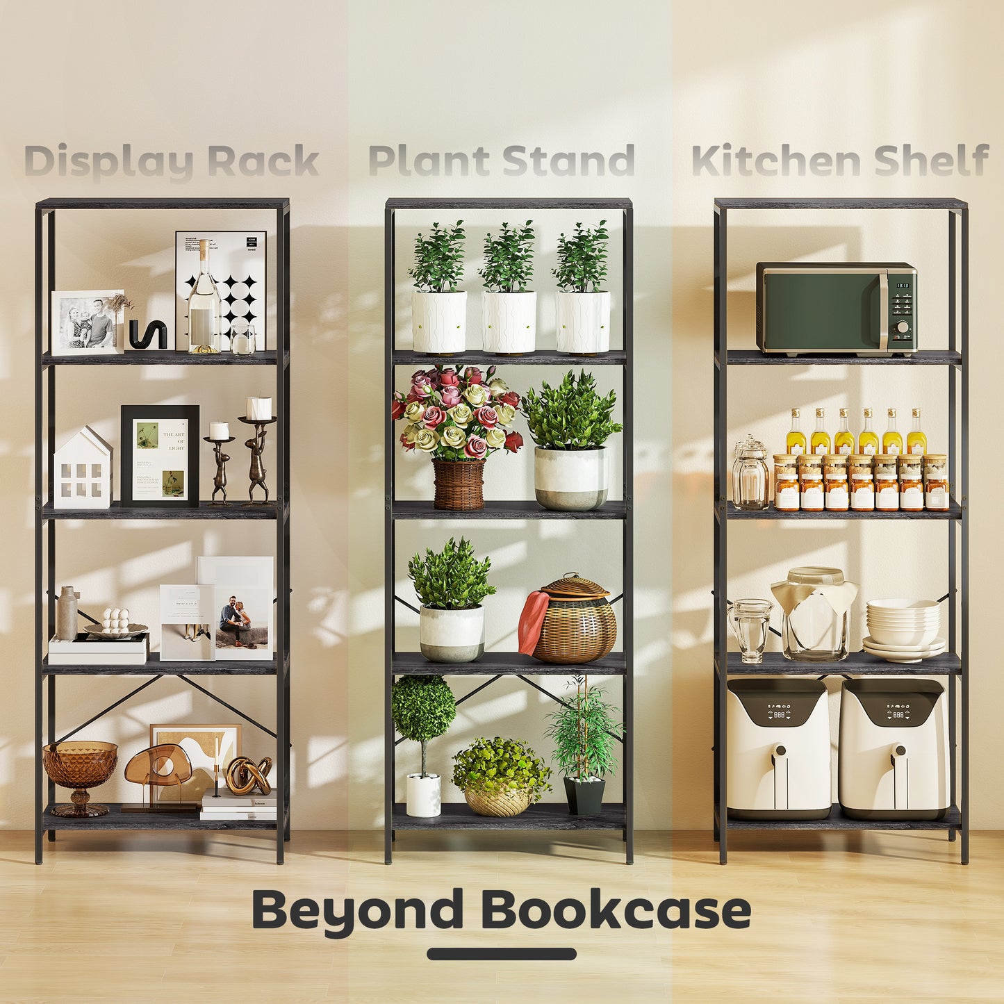 Livemi Metal And Wood Dark Grey And Black 5 Tier Industrial Bookcase
