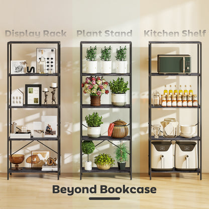 Livemi Metal And Wood Dark Grey And Black 5 Tier Industrial Bookcase