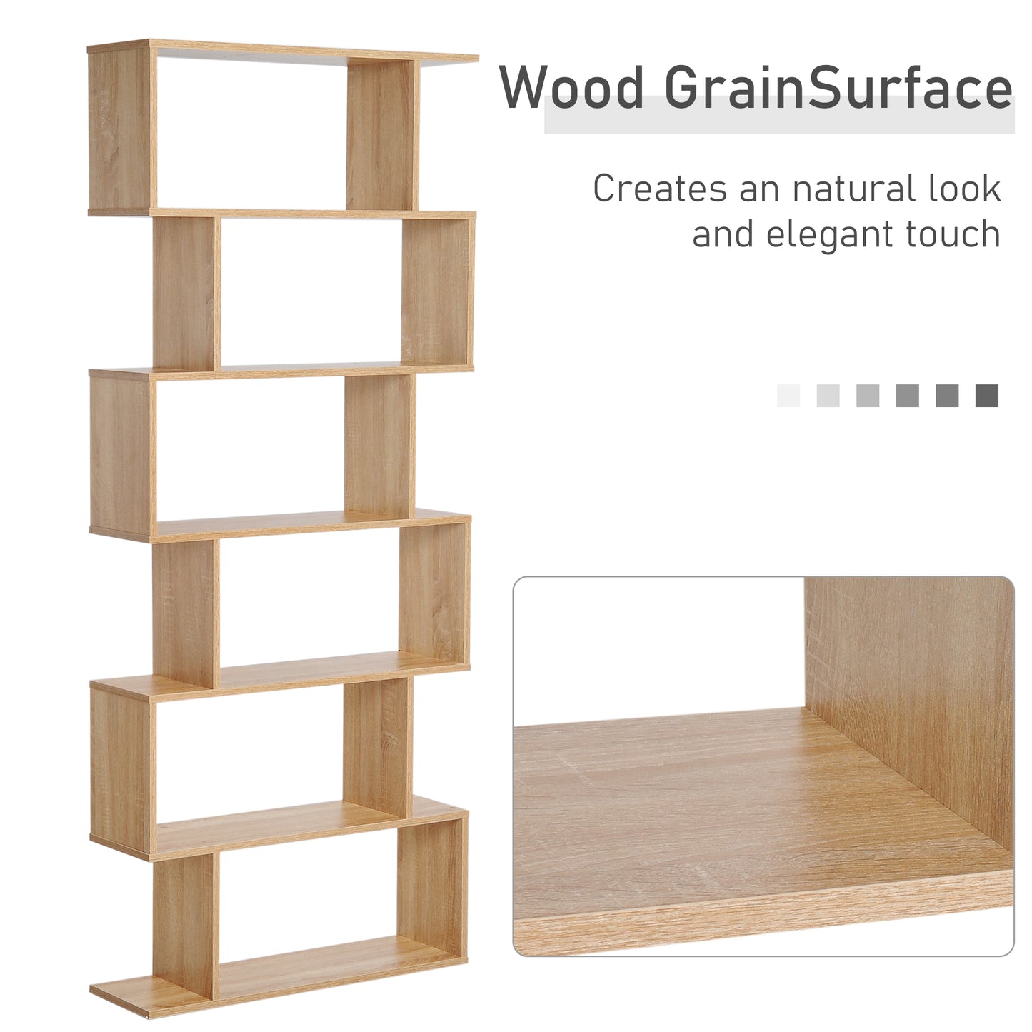 Vicovi Nava Wood Oak Finish 6 Tier S ShaFauxd Display Bookcase