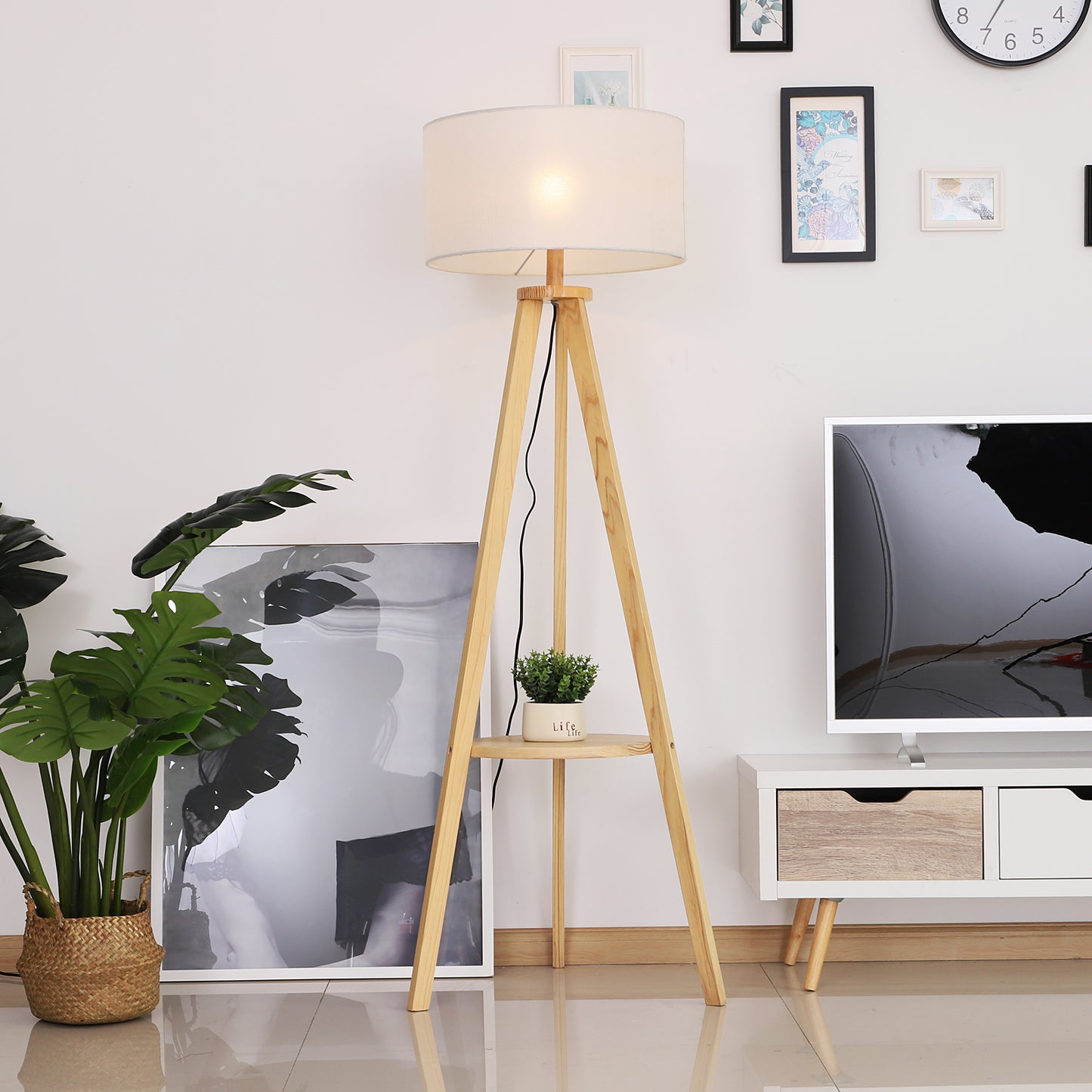 Laravi Natural Wood And Fabric Cream Tripod Floor Lamp With Shelf And Linen Shade 154 cm