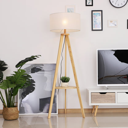 Laravi Natural Wood And Fabric Cream Tripod Floor Lamp With Shelf And Linen Shade 154 cm
