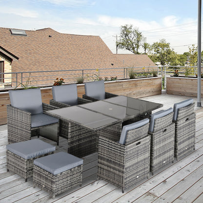Tasuke Rattan Grey 10 Seater Cube Garden Dining Set With Cushions And Rectangular Glass Table