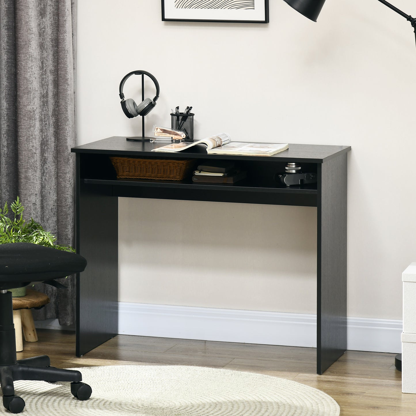 Biretti 90cmvWooden Black Wood Grain Compact Desk With Storage Shelf
