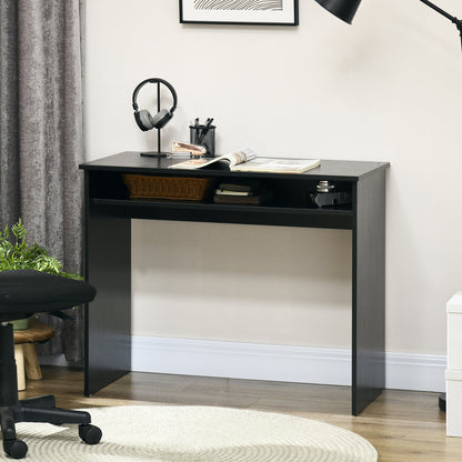 Biretti 90cmvWooden Black Wood Grain Compact Desk With Storage Shelf