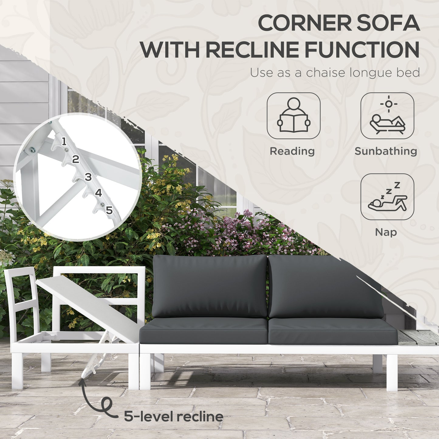 Vayo Metal White Frame 5 Seater Reclining Corner Garden Sofa Set With Wood Effect Table And Grey Cushions