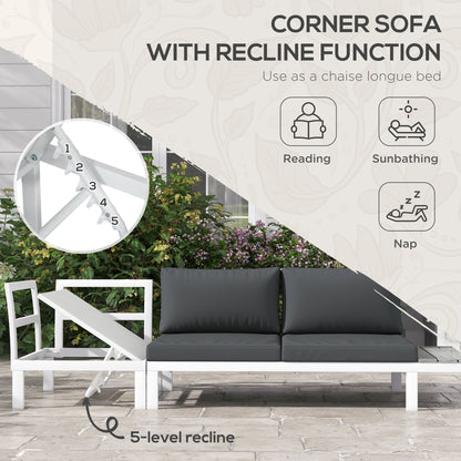 Vayo Metal White Frame 5 Seater Reclining Corner Garden Sofa Set With Wood Effect Table And Grey Cushions