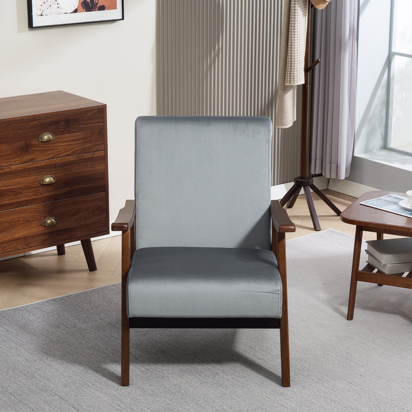 Faroro Velvet Grey Nordic Accent Armchair With Solid Wood Frame And Deep Padding