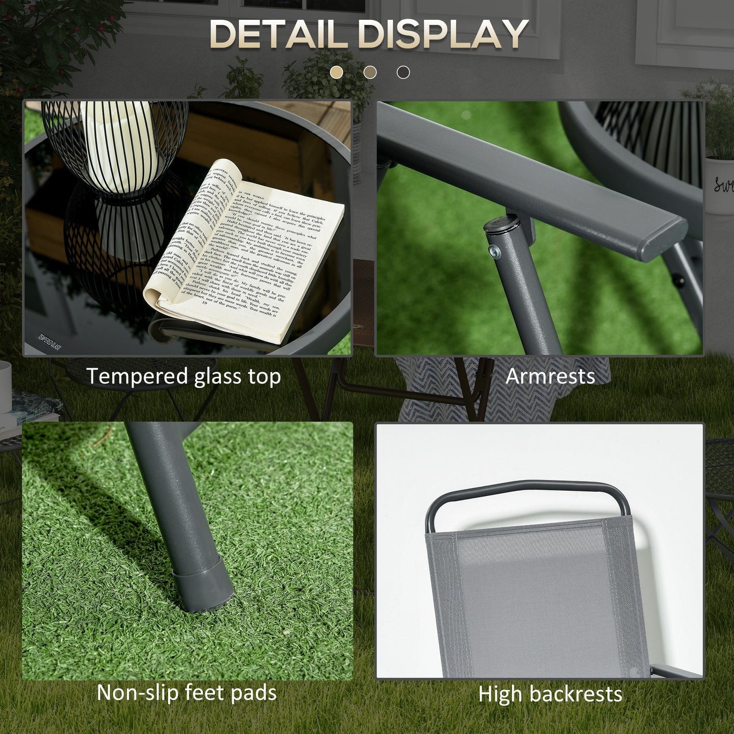 Tonopa Glass And Metal Light Grey 3 Piece Garden Seating Set With Table And Chairs