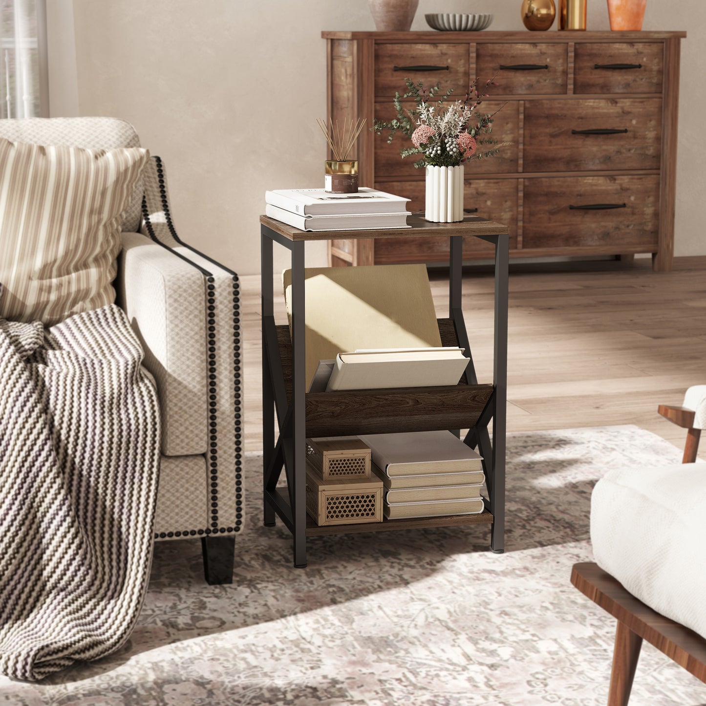 Elfi Nere Wooden Oak Narrow Side Table With 3 Tier Storage and V Shaped Magazine Holder 40 x 30 x 61 cm
