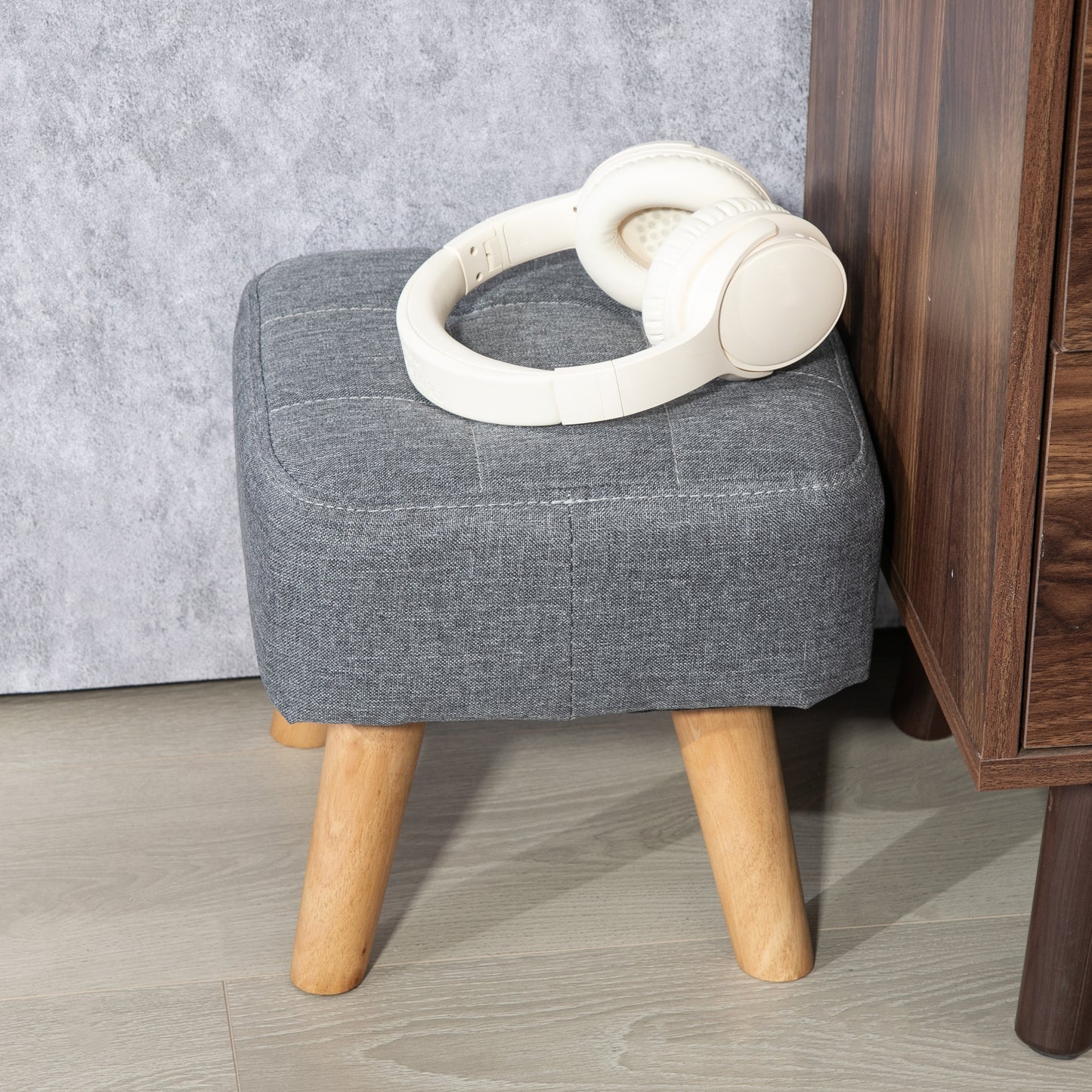 Sayo Linen Look Light Grey Square Padded Footstool Tufted Diamond