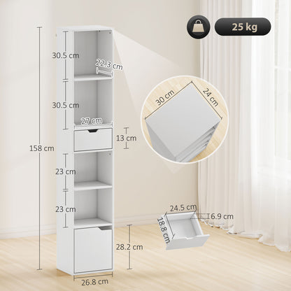 Kesura Wooden White Tall Narrow 6 Tier Bookcase With Drawer And Door