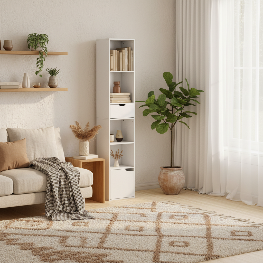 Kesura Wooden White Tall Narrow 6 Tier Bookcase With Drawer And Door