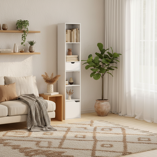 Kesura Wooden White Tall Narrow 6 Tier Bookcase With Drawer And Door