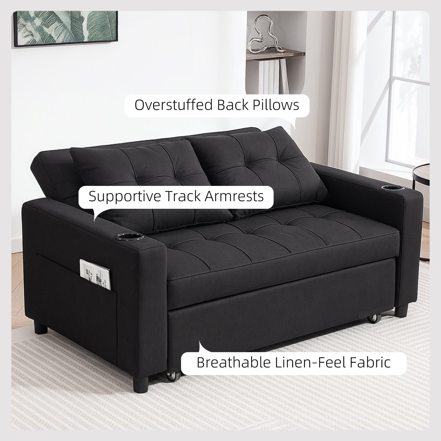 Kanovi Fabric Black 2 Seater Pull Out Sofa Bed