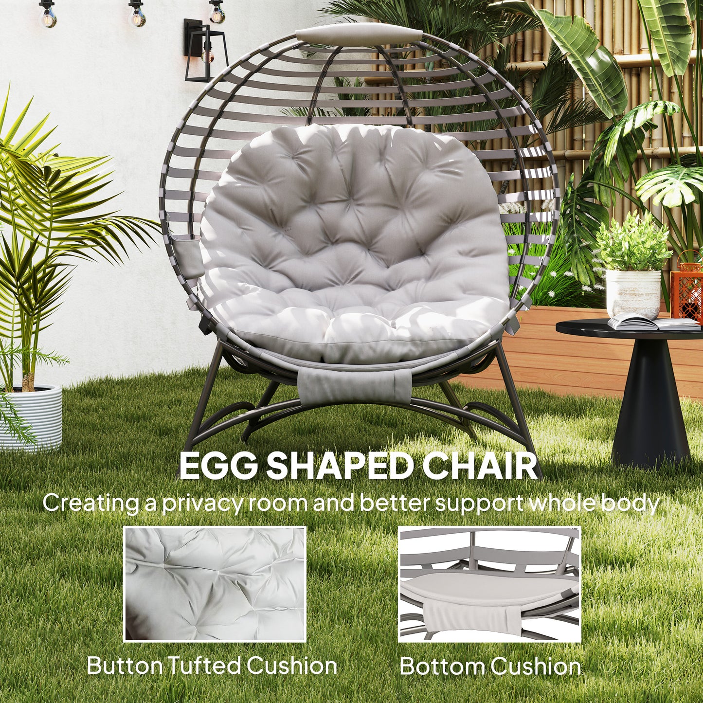 Lenika Oversized Rattan Light Grey Egg Chair With Cushion And Side Storage Pocket