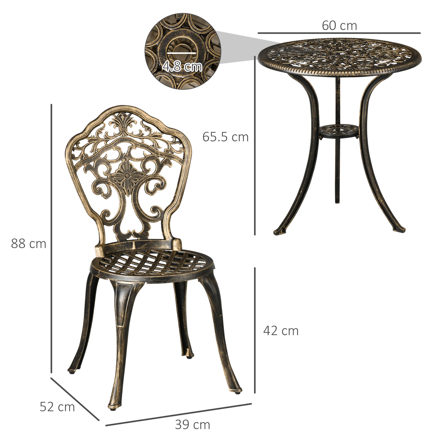 Bava Cast Aluminium Bronze 3 Piece Garden Bistro Set With Parasol Hole Round Table