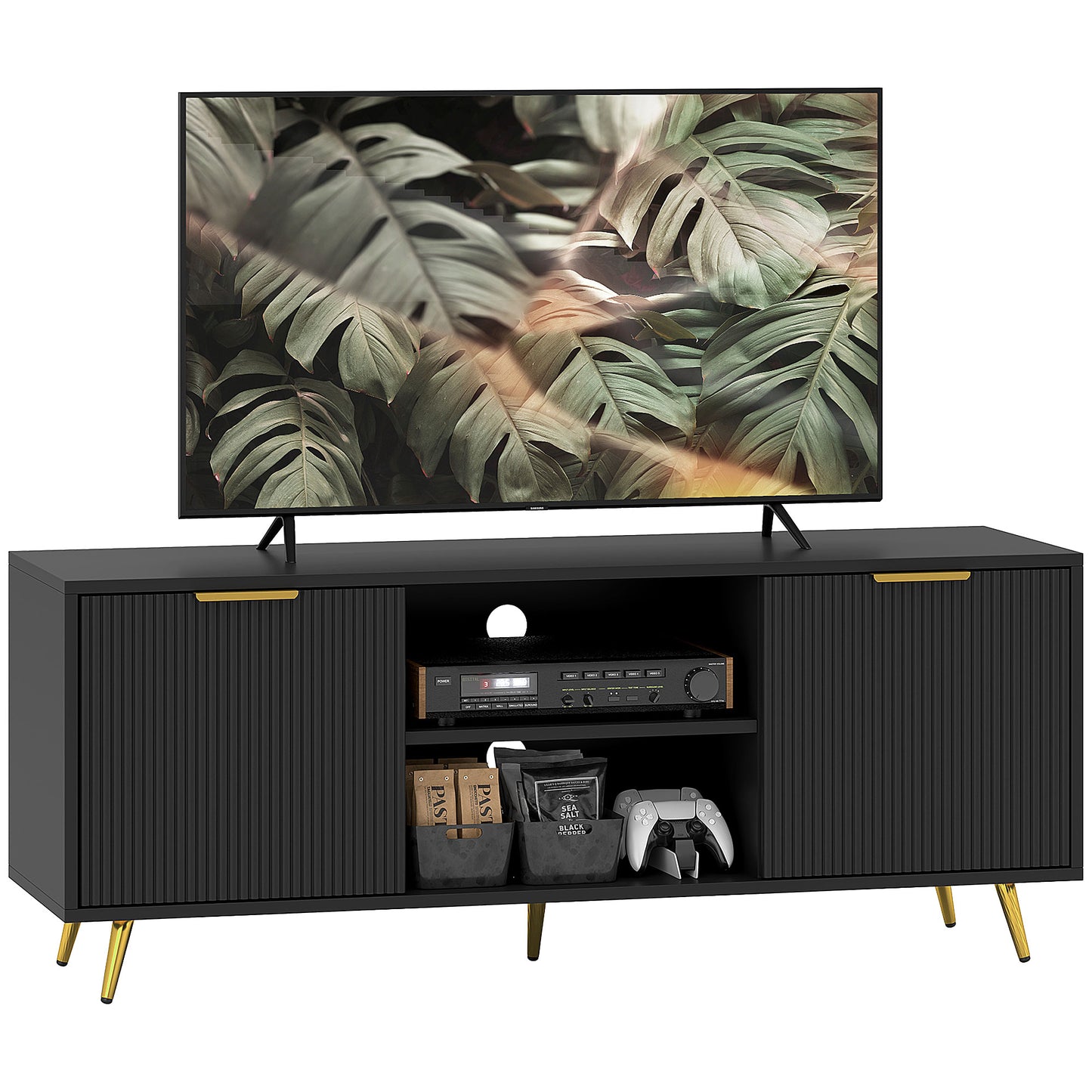 Ellini Wooden Black TV Stand With 2 Open Shelves 2 Doors For Screens Up To 55 Inches