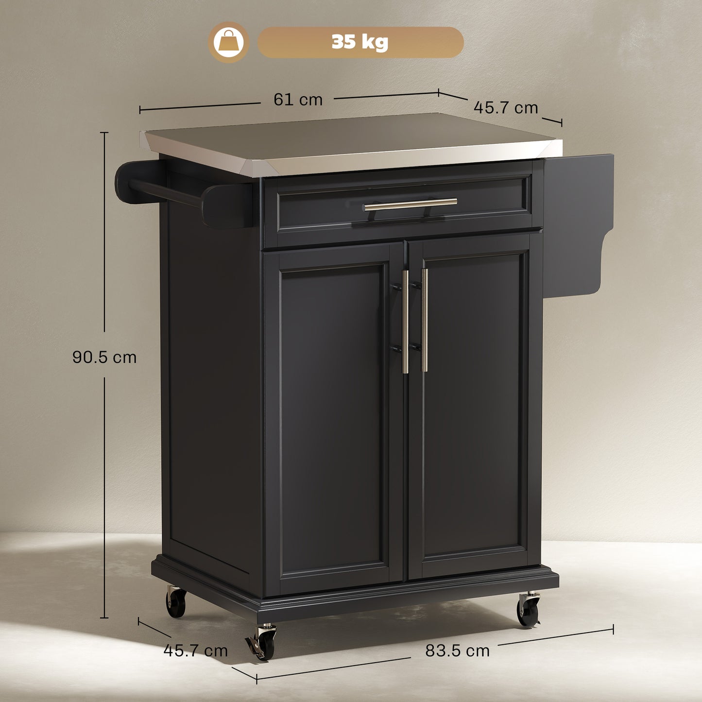 Paha Wood And Steel Black Kitchen Island Trolley With Stainless Steel Top Drawer And Side Rack