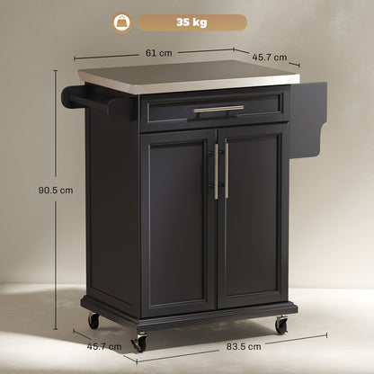 Paha Wood And Steel Black Kitchen Island Trolley With Stainless Steel Top Drawer And Side Rack