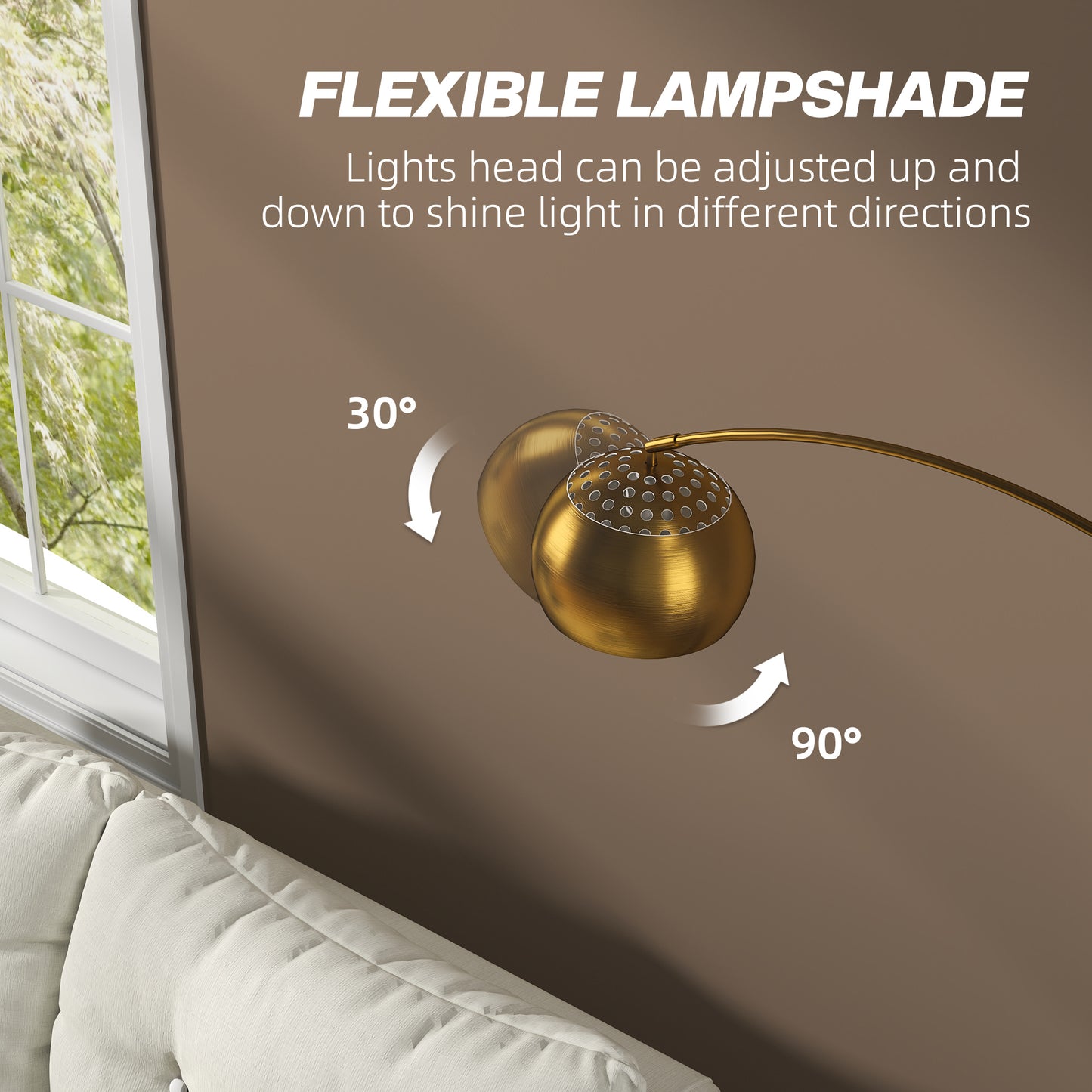 Ketota Gold Metal And Black Marble Arc Bell Floor Lamp With Adjustable Shade