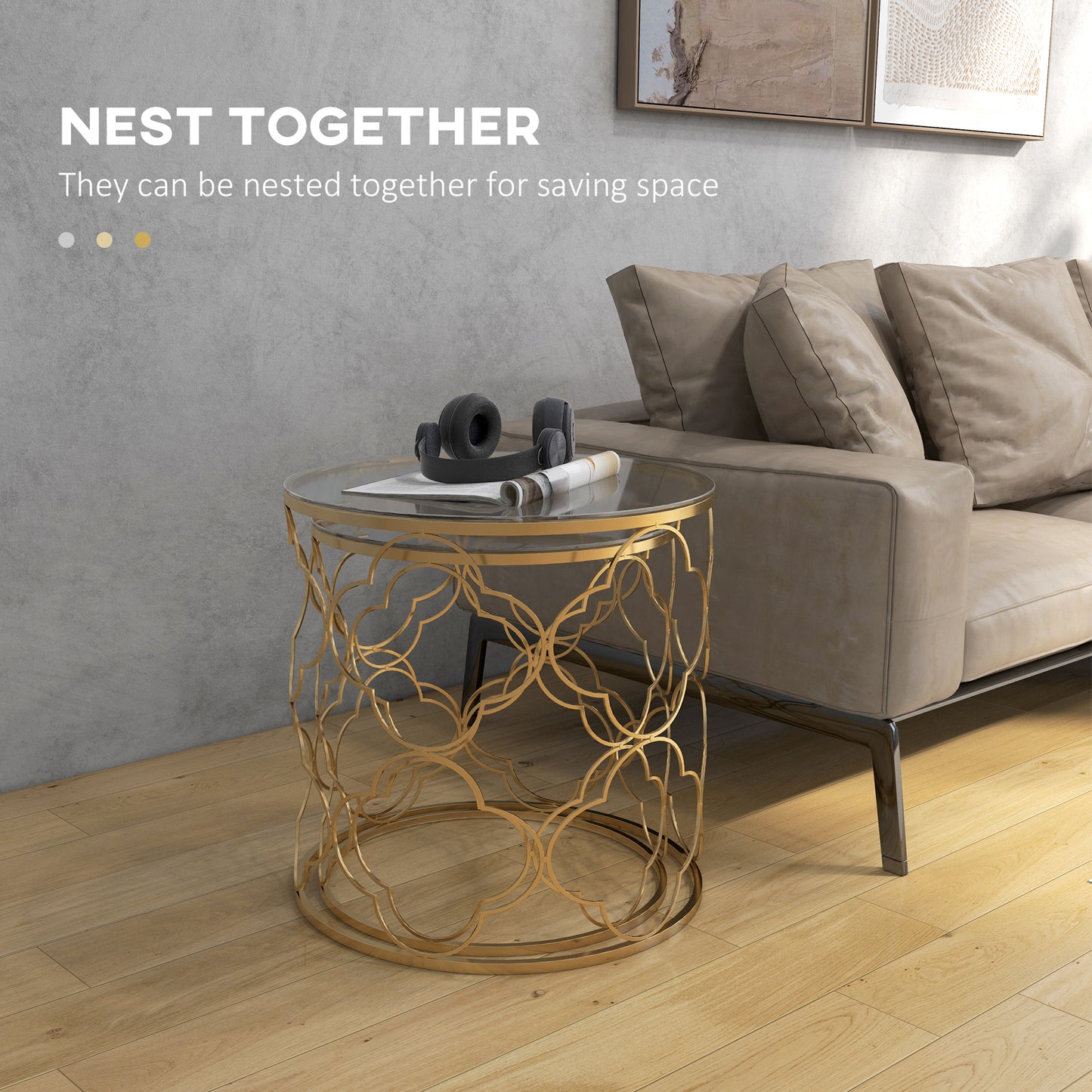 Takkita Metal And Glass Gold Tone Set Of 2 Nesting Side Tables With Tempered Glass Tops