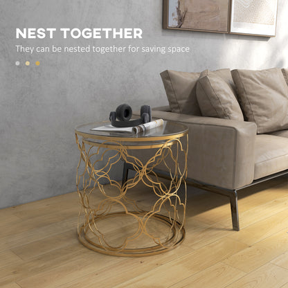 Takkita Metal And Glass Gold Tone Set Of 2 Nesting Side Tables With Tempered Glass Tops