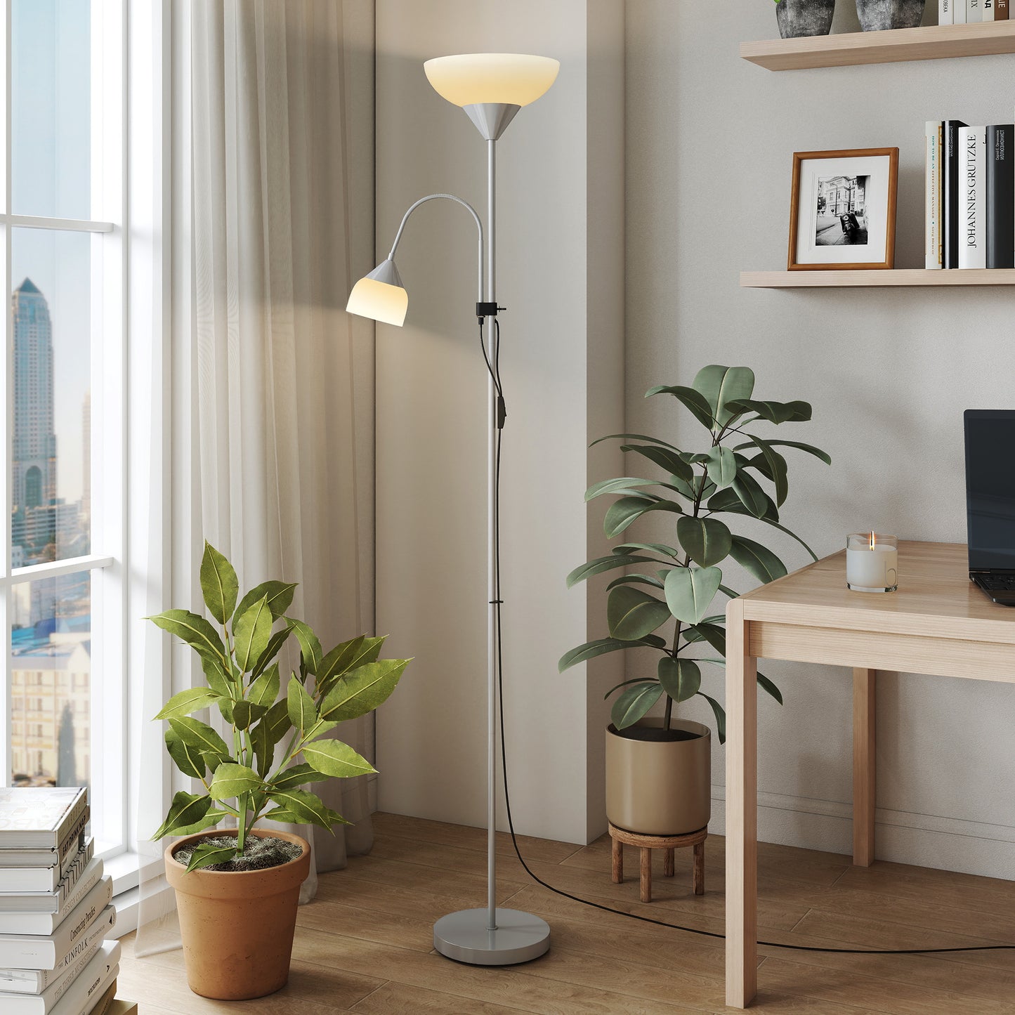 Nokave Metal Silver LED Uplighter Floor Lamp With Adjustable Gooseneck And Colour TemFauxrature