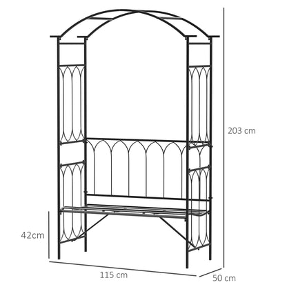 Moretta Metal Black Garden Bench With Arched Trellis Frame For Climbing Plants 115 x 50 x 203 cm