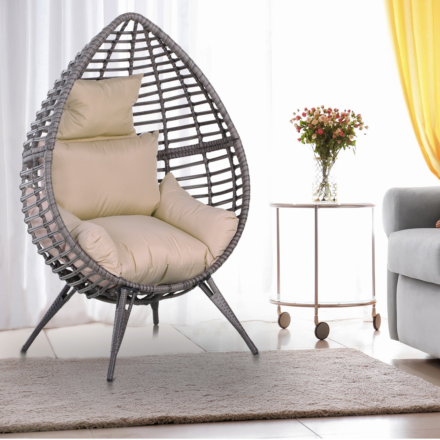 Elpale Grey Rattan Teardrop Egg Chair With Cream Cushion