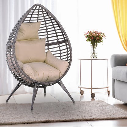 Elpale Grey Rattan Teardrop Egg Chair With Cream Cushion