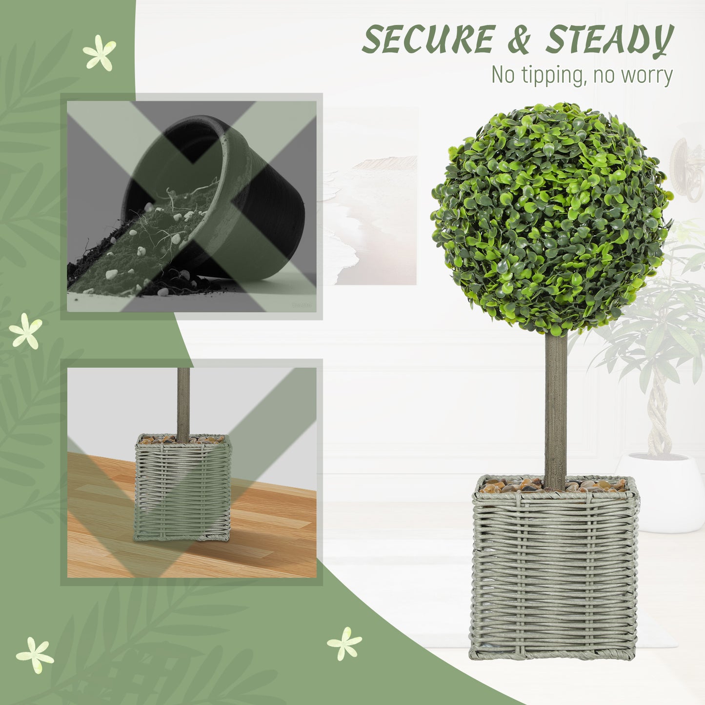 Moeldi Viso Set Of 2 Artificial Boxwood Topiary Balls With Woven Pots And Fauxbble Detail H8 50cm