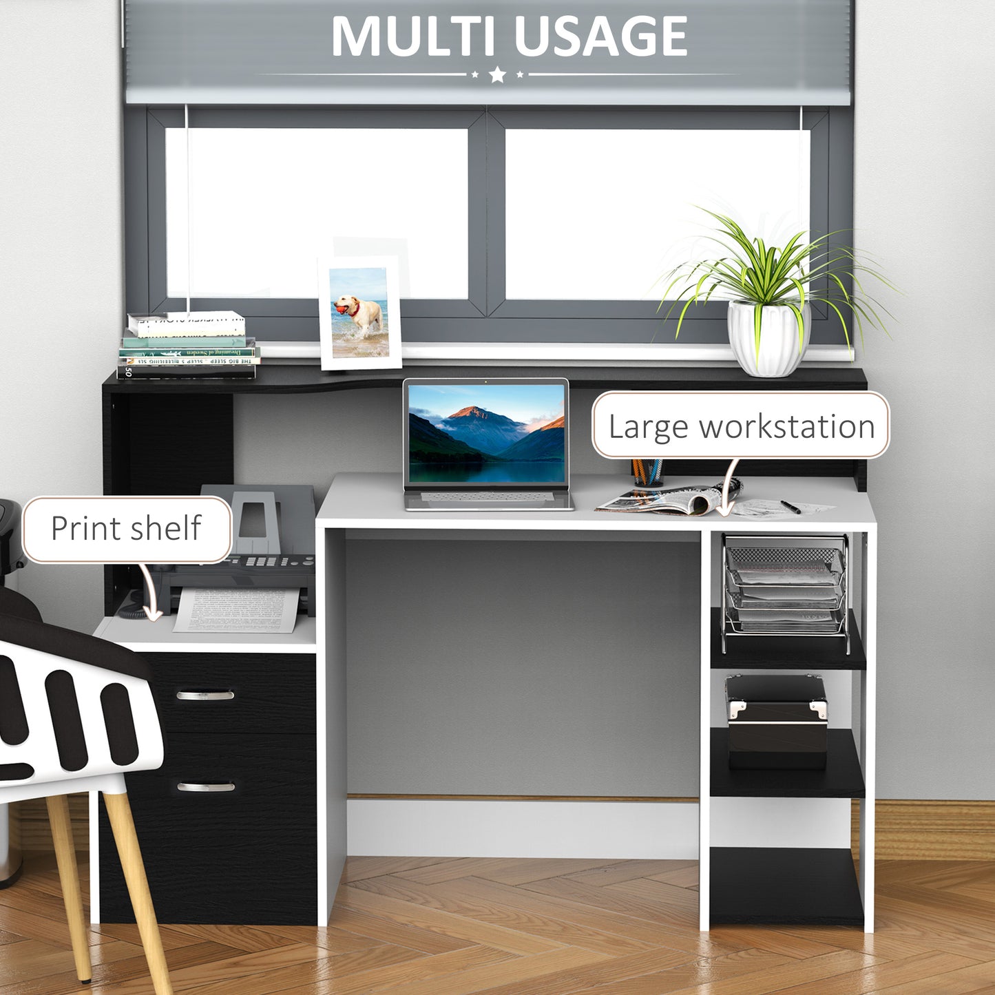 Lisodi 137cm Wooden Black And White Office Workstation Desk With Drawers Shelves And Printer Stand 137 x 55 x 92 cm